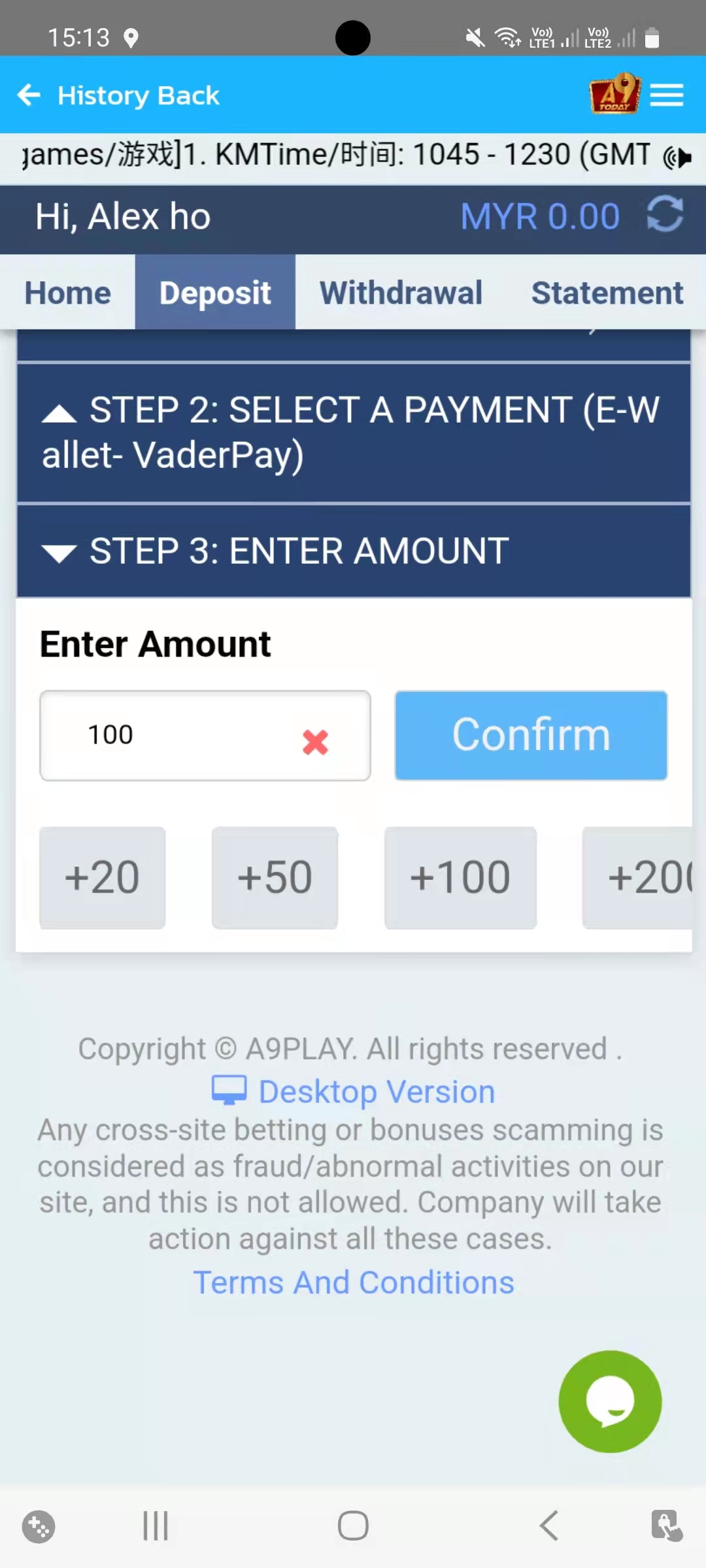 Enter Amount You Want Deposit And Click Confirm On a9play