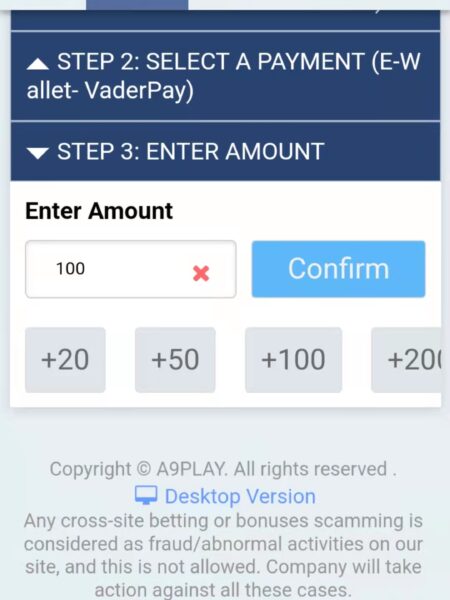 Enter Amount You Want Deposit And Click Confirm On a9play